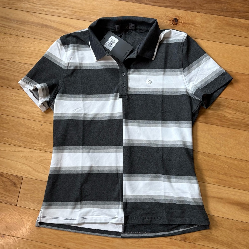 G/Fore G4 Golf Polo Shirt Womens Sz M Black Offset Stripe Short Sleeve - Picture 2 of 5